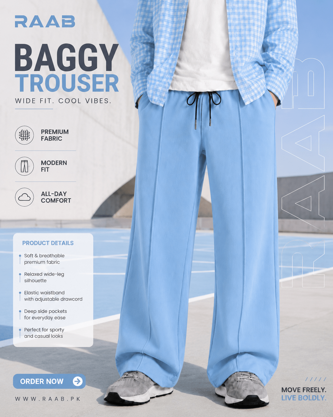Raab Kids Sky Blue Baggy Trouser (3 - 12 Years) - Premium Fabric, Wide Fit, All - Day Comfort - Raab.pk