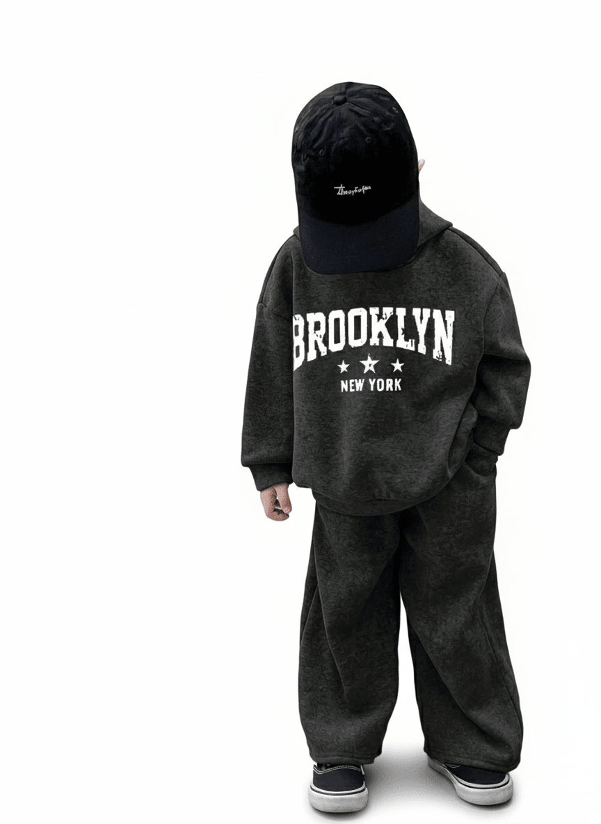 RAAB Premium Charcoal Grey Brooklyn Kids Fleece Hoodie Co - Ord Set - Raab.pk