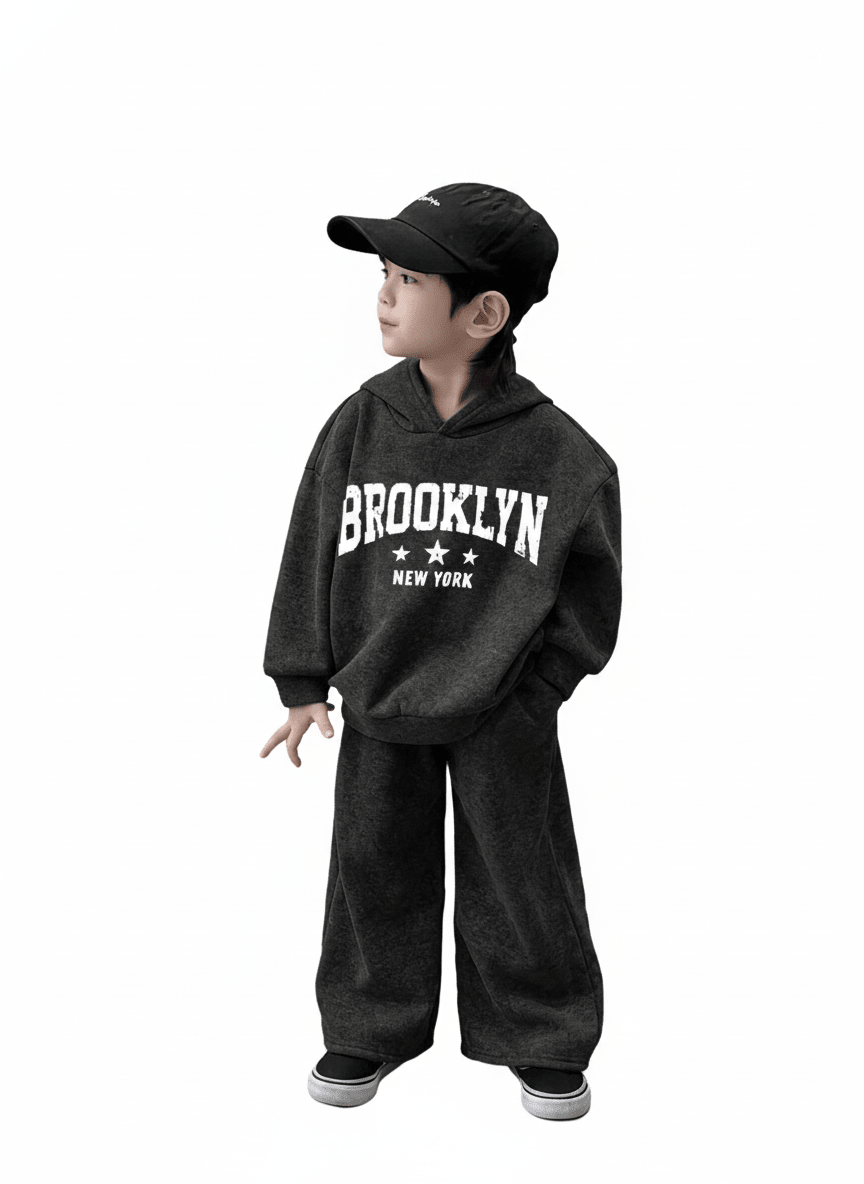 RAAB Premium Charcoal Grey Brooklyn Kids Fleece Hoodie Co - Ord Set - Raab.pk