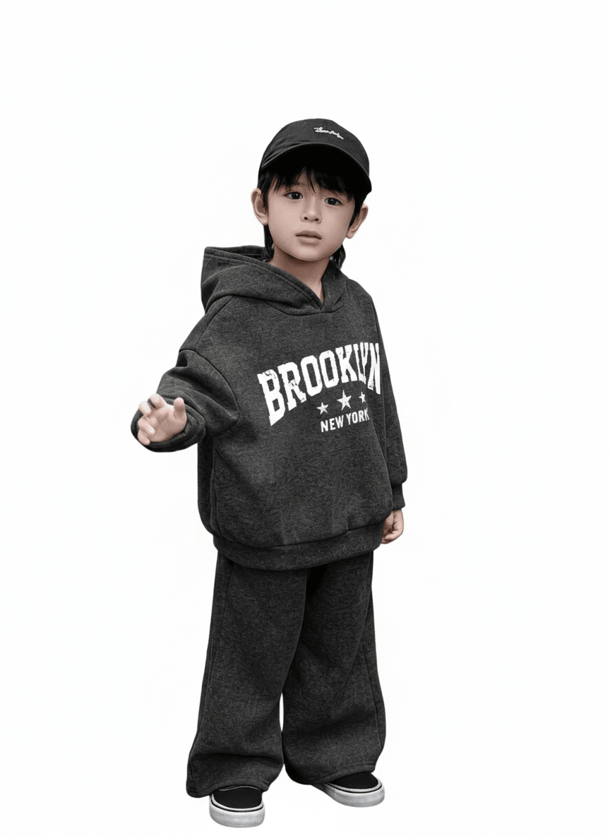 RAAB Premium Charcoal Grey Brooklyn Kids Fleece Hoodie Co - Ord Set - Raab.pk
