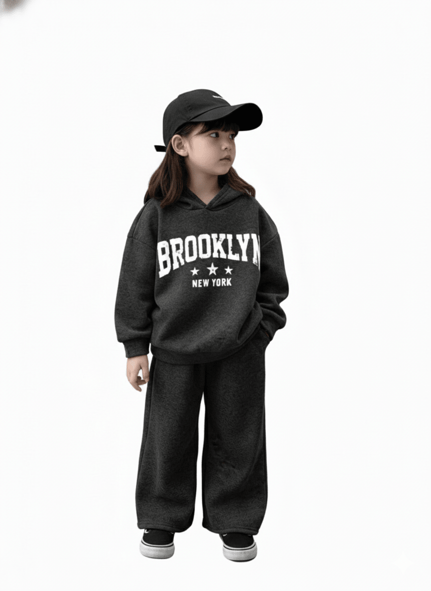 RAAB Premium Charcoal Grey Brooklyn Kids Fleece Hoodie Co - Ord Set - Raab.pk