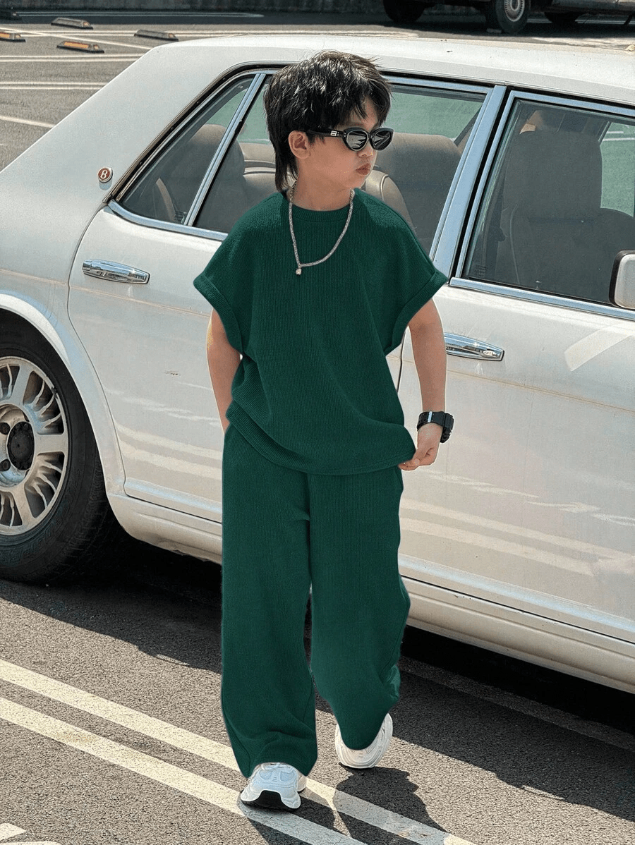 Tween Boy Casual Korean Style Loose Apricot Color All - Match Tank Top And Long Pants Set - Raab.pk