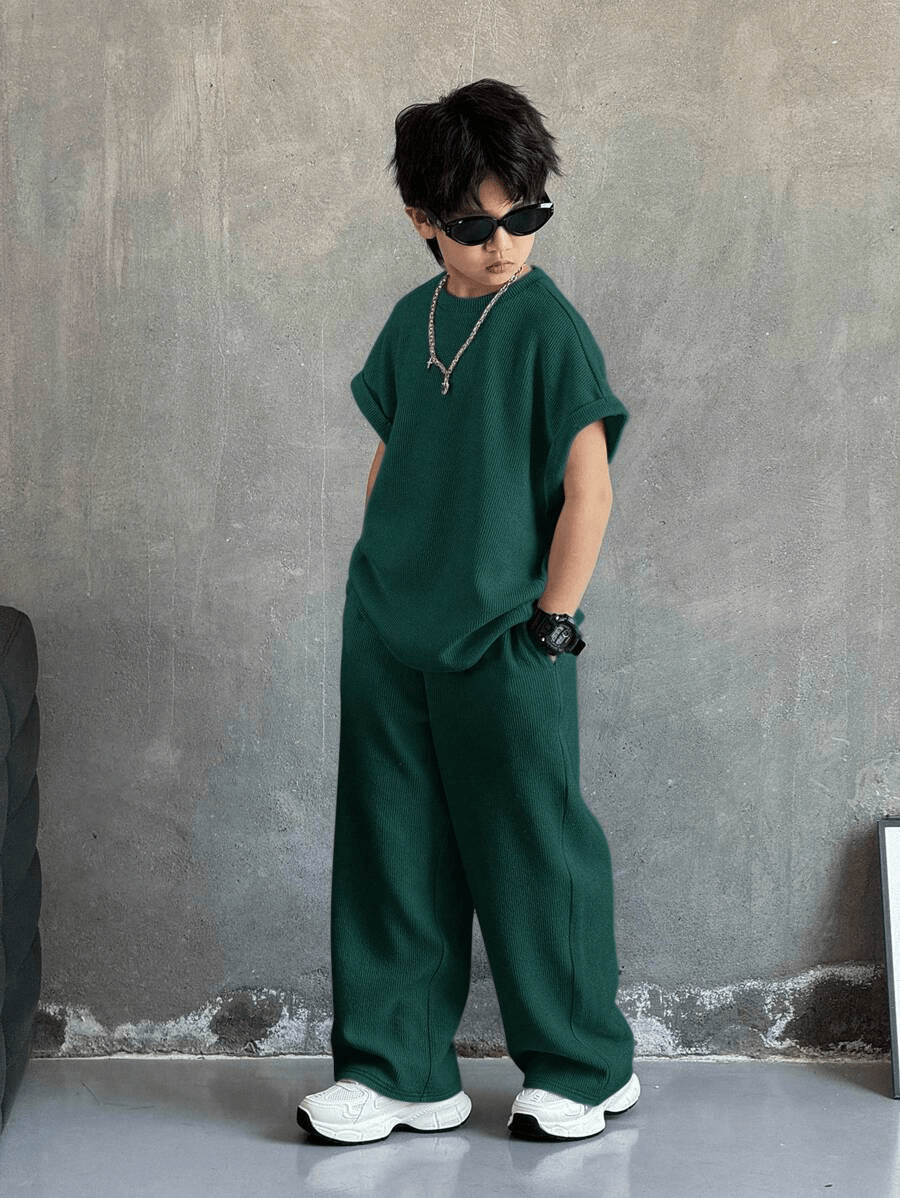 Tween Boy Casual Korean Style Loose Apricot Color All - Match Tank Top And Long Pants Set - Raab.pk