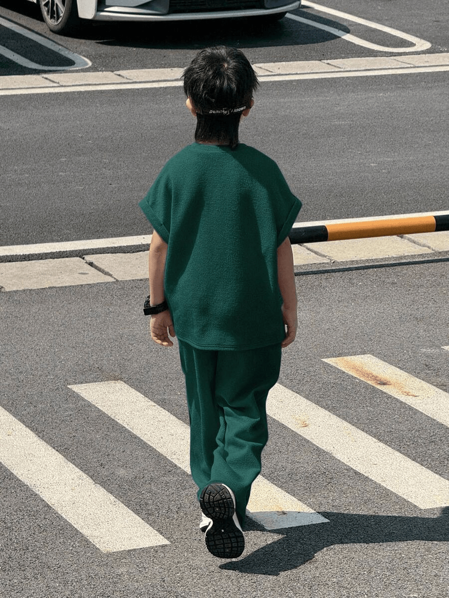 Tween Boy Casual Korean Style Loose Apricot Color All - Match Tank Top And Long Pants Set - Raab.pk