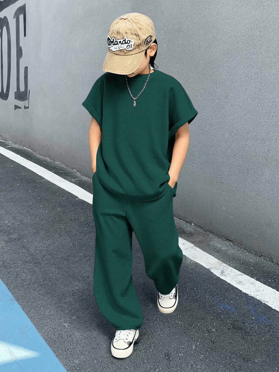 Tween Boy Casual Korean Style Loose Apricot Color All - Match Tank Top And Long Pants Set - Raab.pk