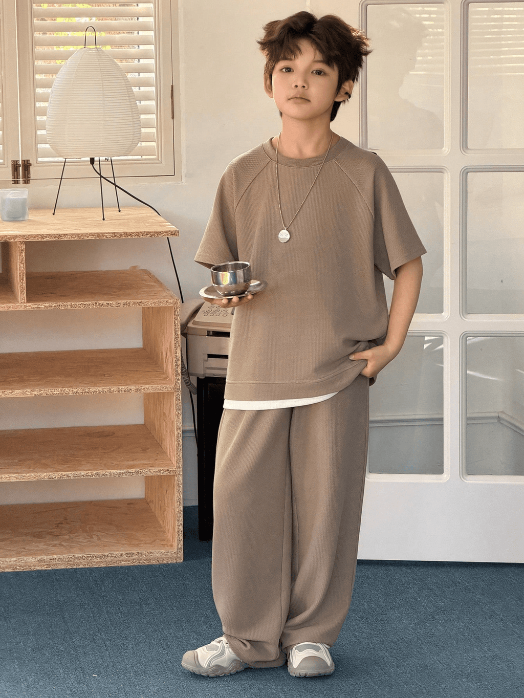 Tween Boy Solid Color Minimalist Casual Round Neck Short Sleeve T-Shirt And Pants Set Spring - Raab.pk