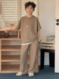 Tween Boy Solid Color Minimalist Casual Round Neck Short Sleeve T-Shirt And Pants Set Spring - Raab.pk
